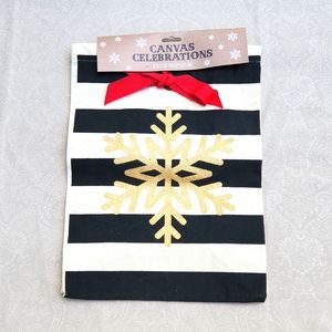 Snowflake Stripes Holiday black cream red canvas tote, straps tucked inside.